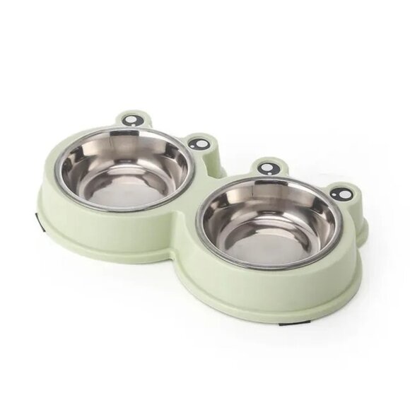 Pet Dog Food Feeder Double Bowl Stainless Steel Rounded Cute Cartoon Frog Style - Picture 7 of 7